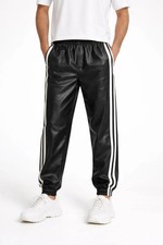 Men's Black Lambskin Leather Trouser Pant Streetwear Track White Stripes Pants