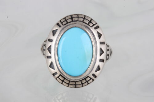 STERLING SOUTHWESTERN EMBOSSED & ETCHED DESIGN TURQUOISE STONE RING 925 7681 - Picture 1 of 4