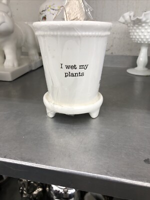 Mud Pie, I WET MY PLANTS Flowerpot/planter W Spoon Very Hard to Find mint EUC