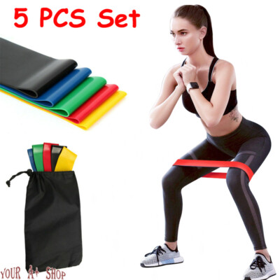 5 Resistance Bands Loop Set Strength Fitness Leg Exercise Yoga Workout Pull Up