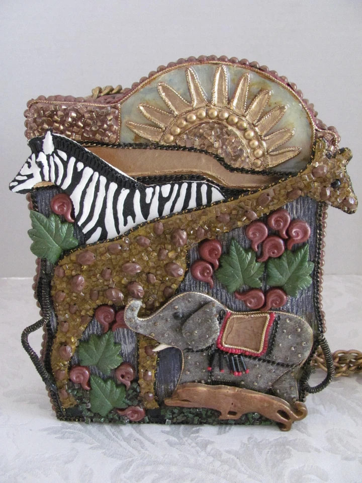 Винтажный Mary Frances 1738 сумочки через плечо цепочка - Африка зебра, жираф, слон-EUC