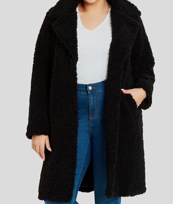 Evans Women's Black Fluffy Faux Fur Long Sleeves Teddy Coat Plus Size 14 