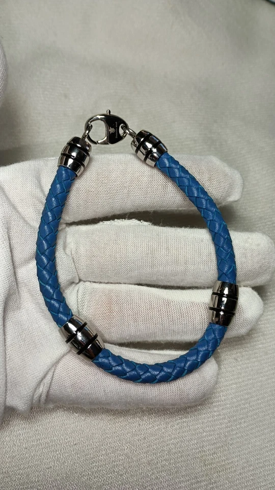 Men’s BlackJack Stainless Steel Blue Blue Braided Genuine Leather Bracelet 9 In - Image 4 of 4