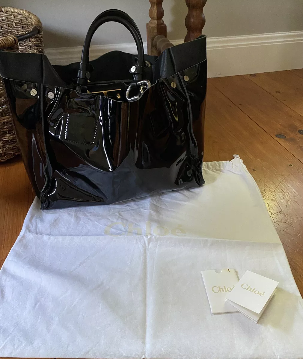 CHLOE Chlo Cyndi Black Patent Leather Buckle Hardware Tote Purse
