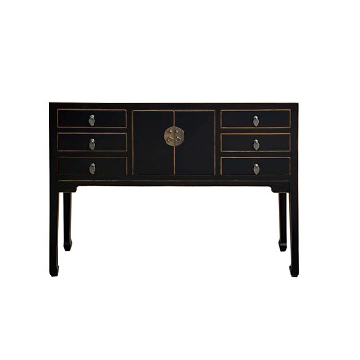 Oriental Black Lacquer Tall Moon Face 6 Drawers Slim Foyer Table cs7567