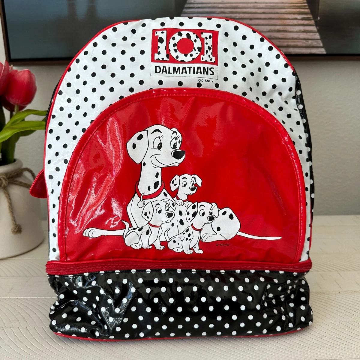 Disney 101 Dalmatians VTG 90s Backpack Bag Red Black White Polka Dots Perdita