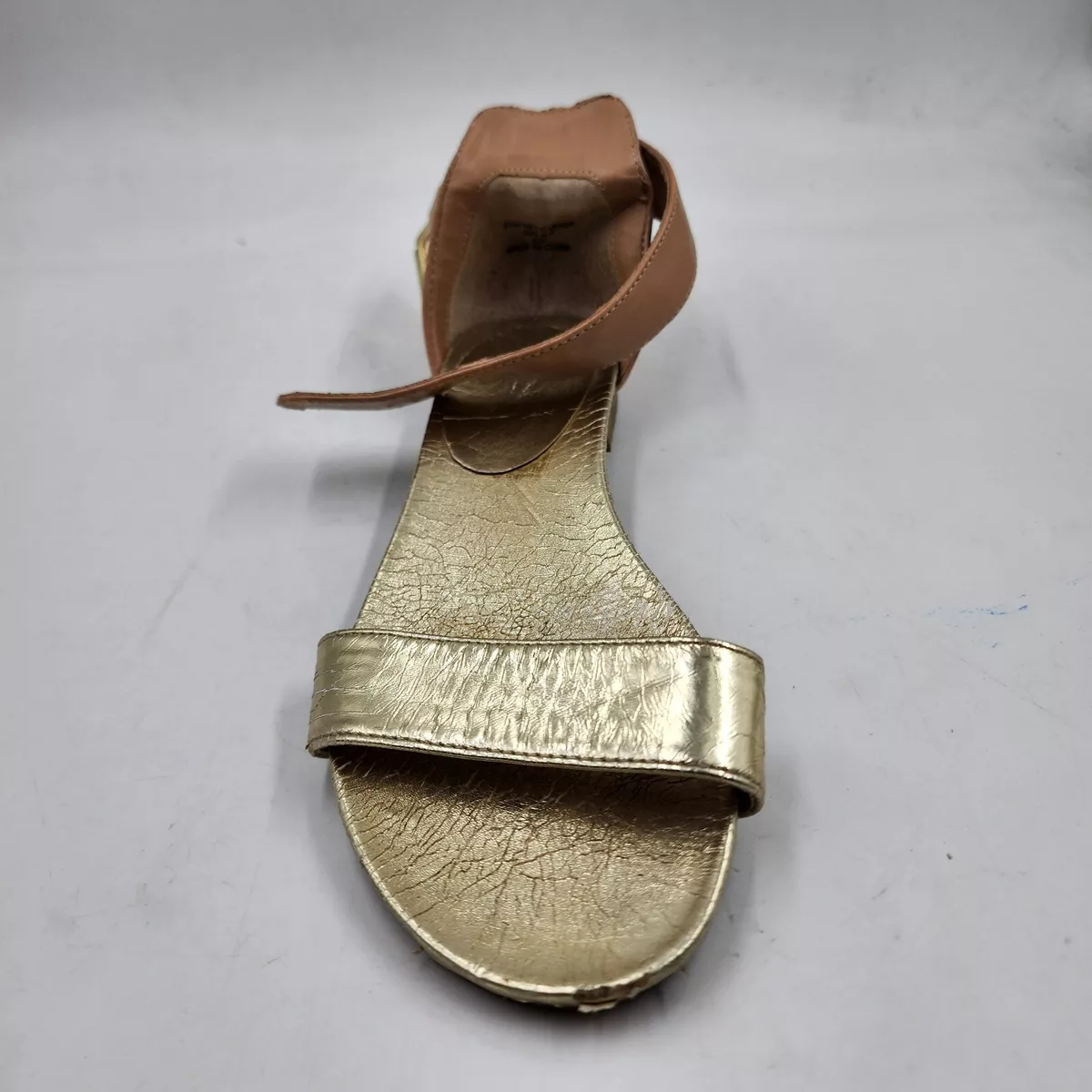 GUESS Ankle Strap Flat Sandals Women s Gold Brown Colorblock