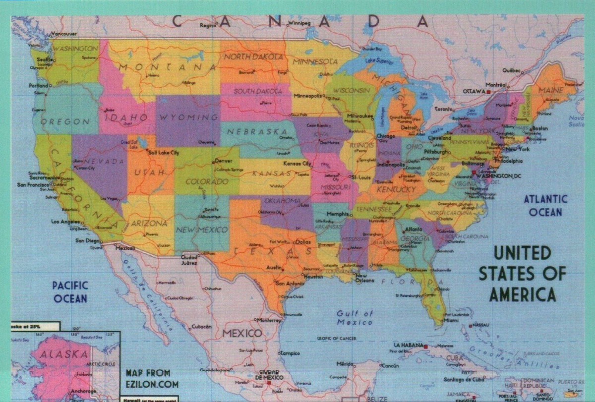 Map of the United States of America USA, California New York Ohio 
