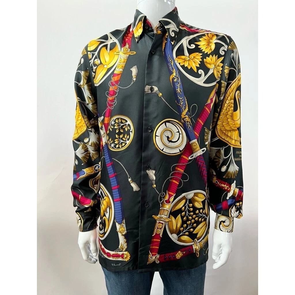 HERMÈS Camicia vintage Hermes Paris Daimyo in seta stampata taglia media