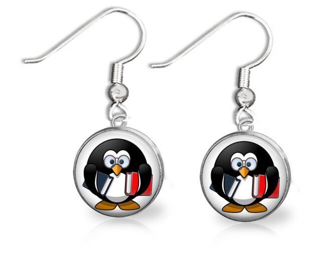 Book Loving Penguin Girls French Wire Dangle Earrings 12mm Handcrafted Gift