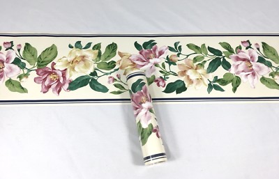 Wallpaper Border Seabrook Floral Large Pink Flowers Bloom Garden Beige Blue