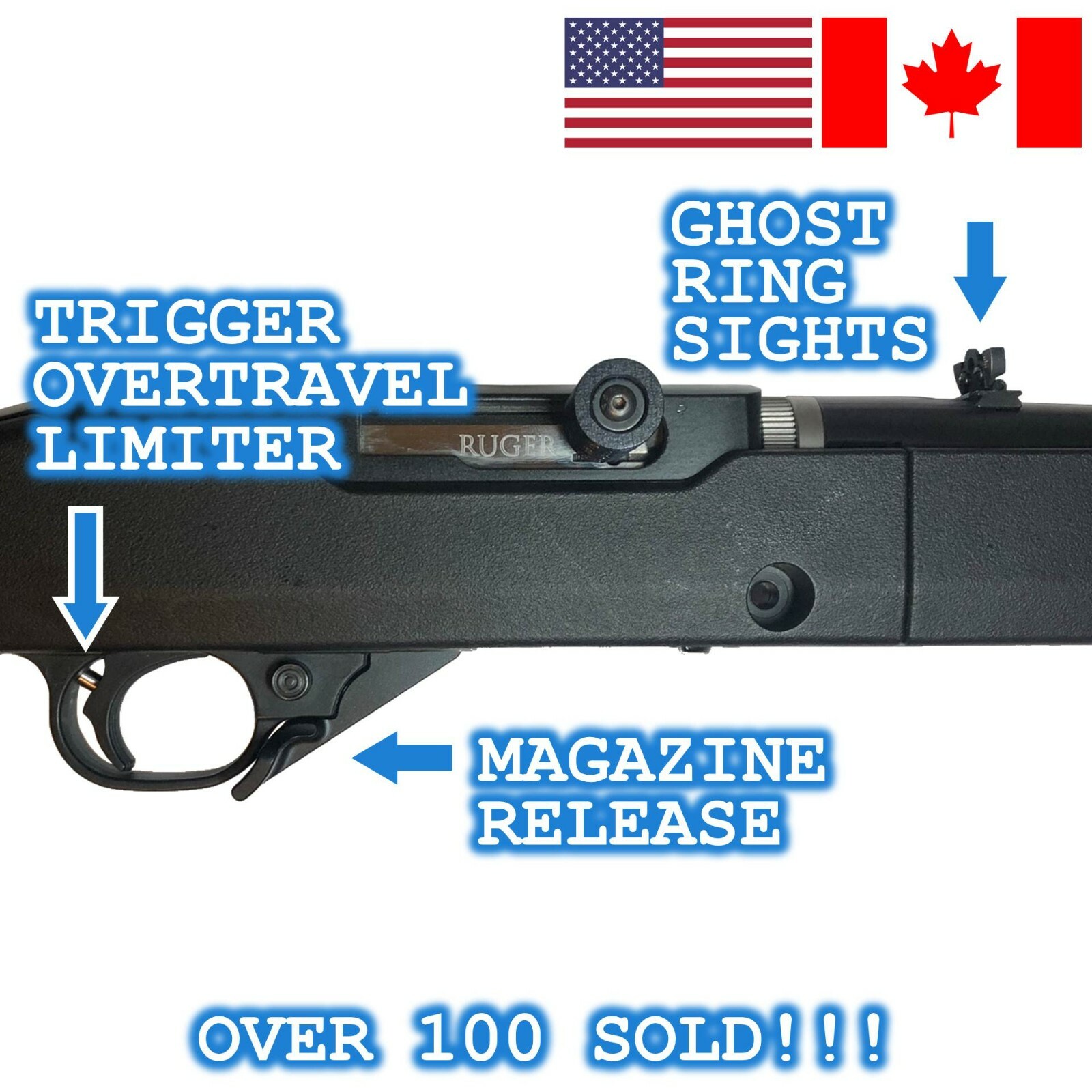 Ruger 10/22 1022 Upgrade Package Trigger Overtravel Mag Release Ghost Ring Sight