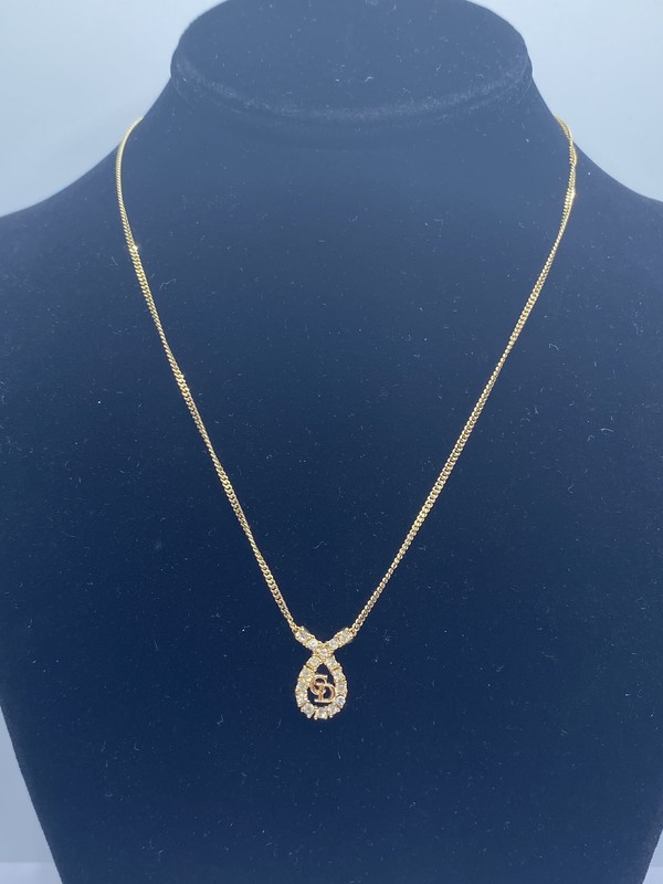 Christian Dior Gold Tone Crystal CD Logo Teardrop Pendant Necklace 17.5" COA