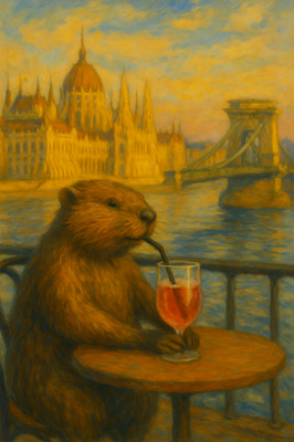Budapester Biber Fröccs Kunst - Impressionistisches Parlament & Kettenbrücke Café Szene