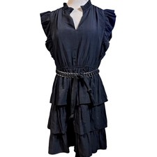 Joy Joy Tiered Mini Dress Womens L Ruffle Flutter Sleeve Black Viscose Boho