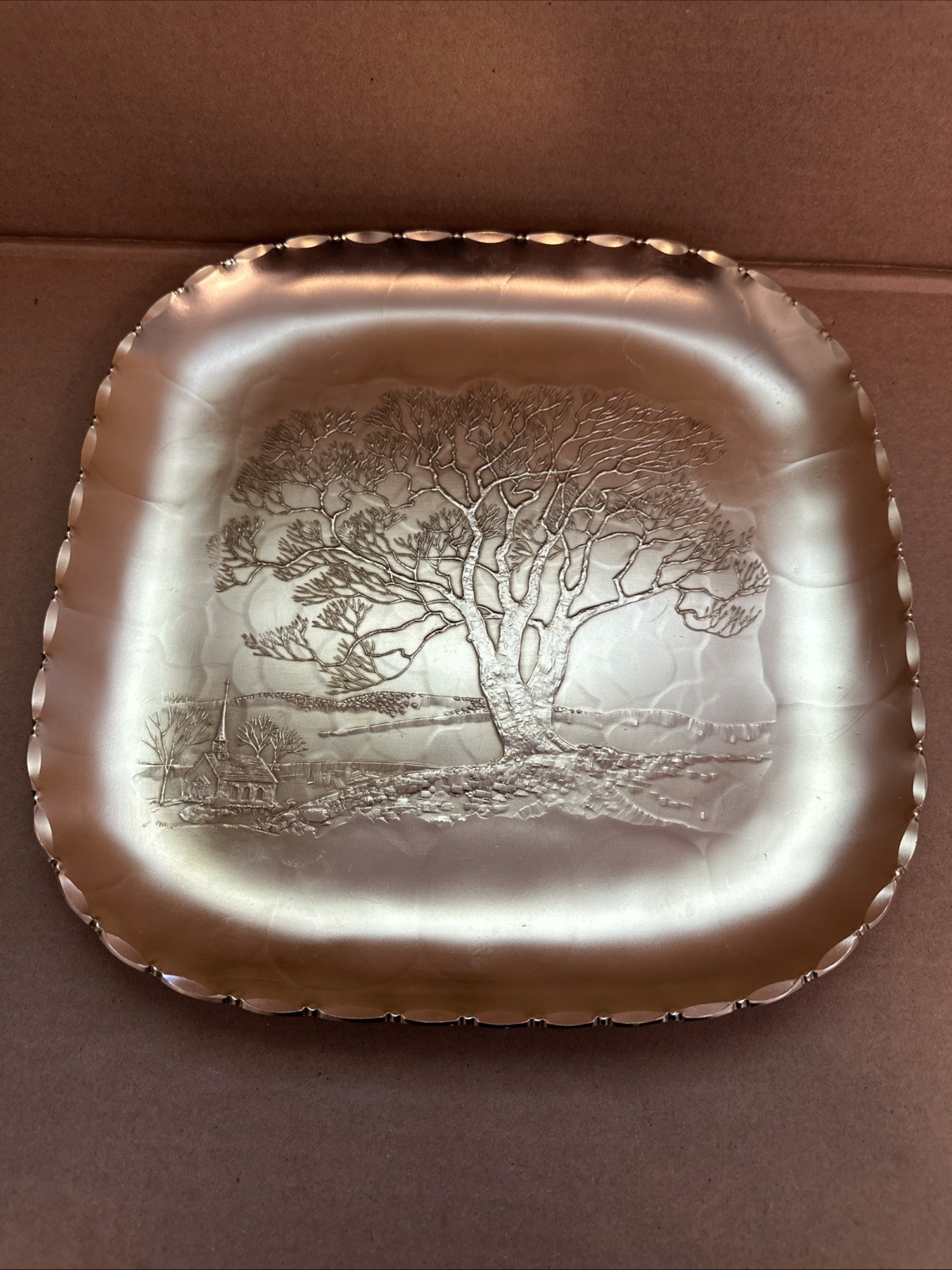 Arthur Armour Hammered Aluminum Gold Tray Tree Church Scene 11-5/8" x 11-5/8"