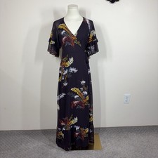 Madewell Dress Womens XS Brown Floral Wrap Maxi Chiffon Flutter Sleeve Boho
