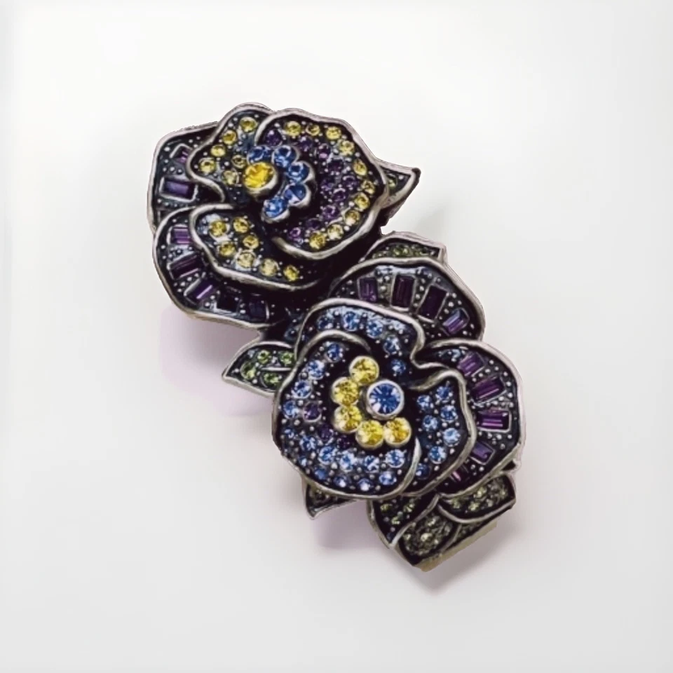 Heidi Daus "Pleasing Pansy" Hinged Cuff Floral Swarovski Crystal Bracelet Sz M L - Image 3 of 4