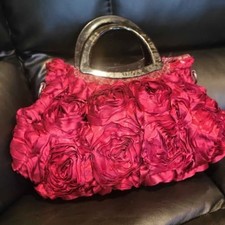 Red Rosette Floral Satin Evening Bag Clutch Purse Acrylic Handle Formal