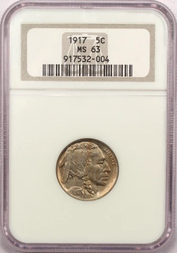 1917 Buffalo Nickel 5C, NGC MS63, Choice Uncirculated BU, Toned