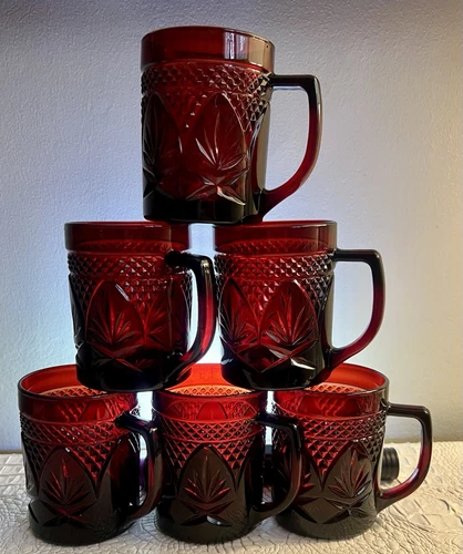 Set of 6 Vintage Ruby Red Glass Cristal d'Arques-Durand Luminarc "Antique" Mugs