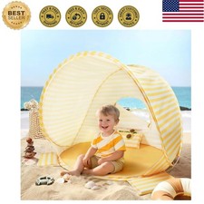 Spacious Portable Baby Beach Tent - UV Shield, Effortless Setup, Yellow Stripes