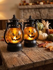 Halloween Jack-O'-Lantern LED Lanterns   Set of 2   Black  Orange   5" Tall