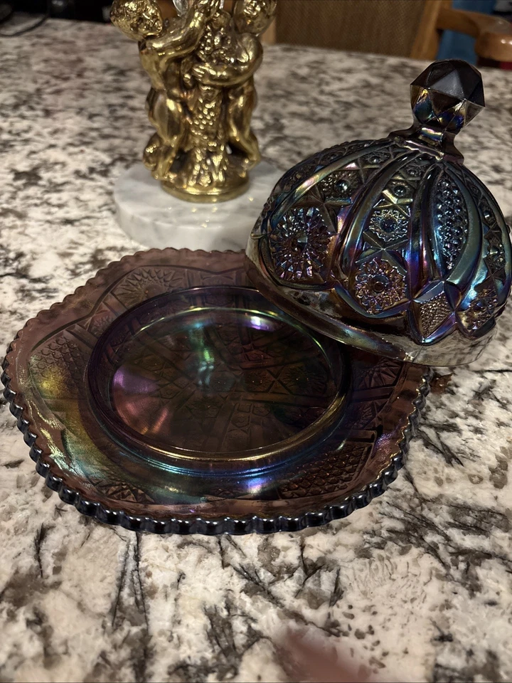 Plato de mantequilla cúpula cubierta de amatista rosa imperial vidrio carnaval Indiana vintage Foto 4 de 4