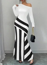 Oblique Shoulder Drop Waist Mermaid Hem Sexy Contrast Striped Bodycon Maxi Dress