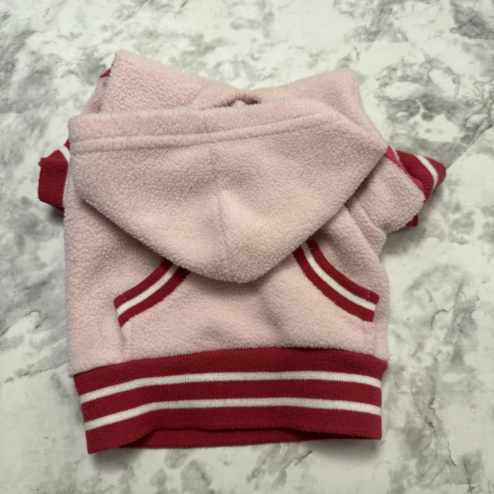 Dog Hoodie With Front Pocket Pint Fleece With Red And White Stretch Trim. Size S - Image 4 of 4