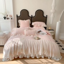 Lace Duvet Cover Queen Size, Chiffon Ruffled Beddding Set with Flower, 3 Piec...