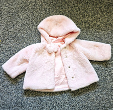 Pink Faux Fur Hooded Lined Coat Snap Front Bow Accent Girls 6-9 Months