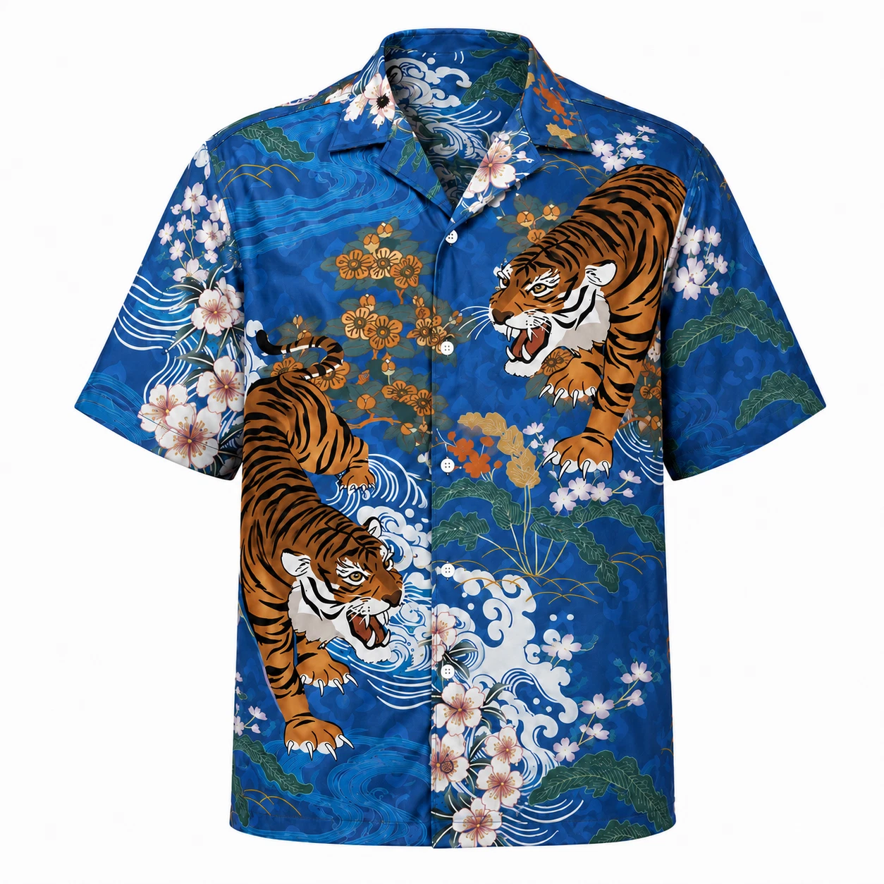 Japanese Art Tiger Hawaiian Shirt Blue Sakura Cherry Blossom Beach Aloha Shirt
