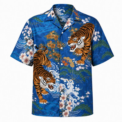 Japanese Art Tiger Hawaiian Shirt Blue Sakura Cherry Blossom Beach Aloha Shirt