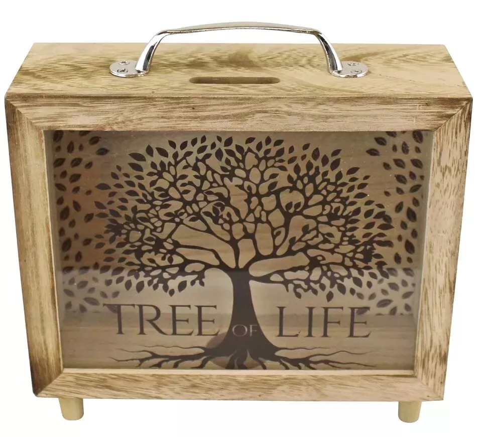 Tree Of Life Wooden Cash Money Box Piggy Bank Glass Front Saving Moneybox