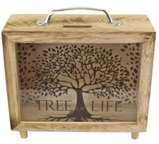 Tree Of Life Money Box Saving Piggy Bank Wooden Rustic Glass Front Moneybox