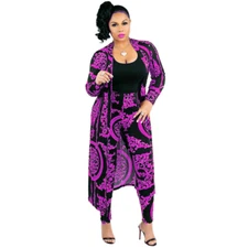 Fashion Women's Multicolor Print Long Sleeves Coat+Long Pants Set Casual 2pcs
