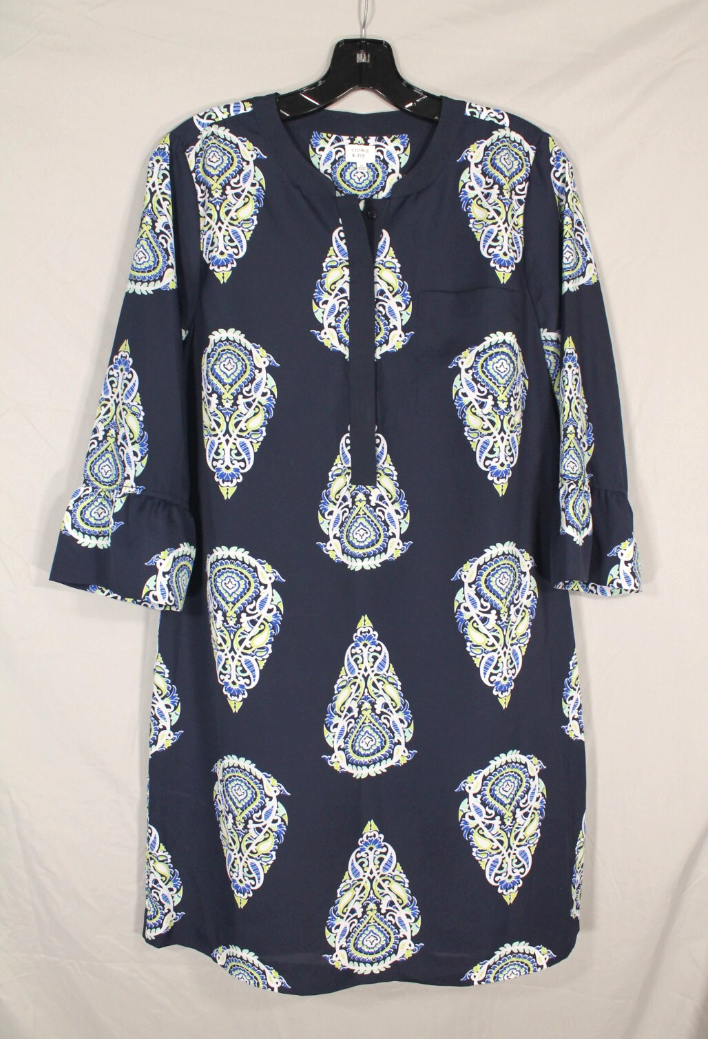 CROWN & IVY Blue CREPE 1/4 Button BELL SLEEVES 1-Pocket PAISLEY Shift Dress 10