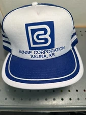 Vintage Three Stripe Bunge Corporation Snapback Trucker Hat Salina KS Blue/White