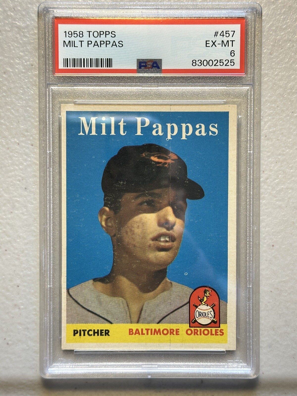 1958 TOPPS BASEBALL #457 MILT PAPPAS ROOKIE CARD PSA 6 EX-M BALTIMORE ORIOLES RC