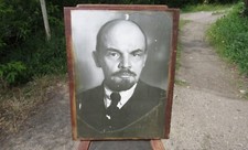 Portrait Lenin Big photo on tree . Soviet USSR Socialist realism