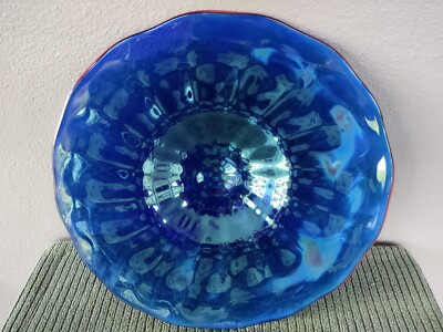 Large Cobalt Blue Glass Wavy Glass 13.25'' Serving Dish w/Red Trim