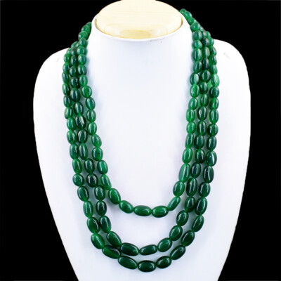 720.00 Cts Earth Mined Green Emerald Oval Shape 3 Strand Beads Necklace NK 08E47
