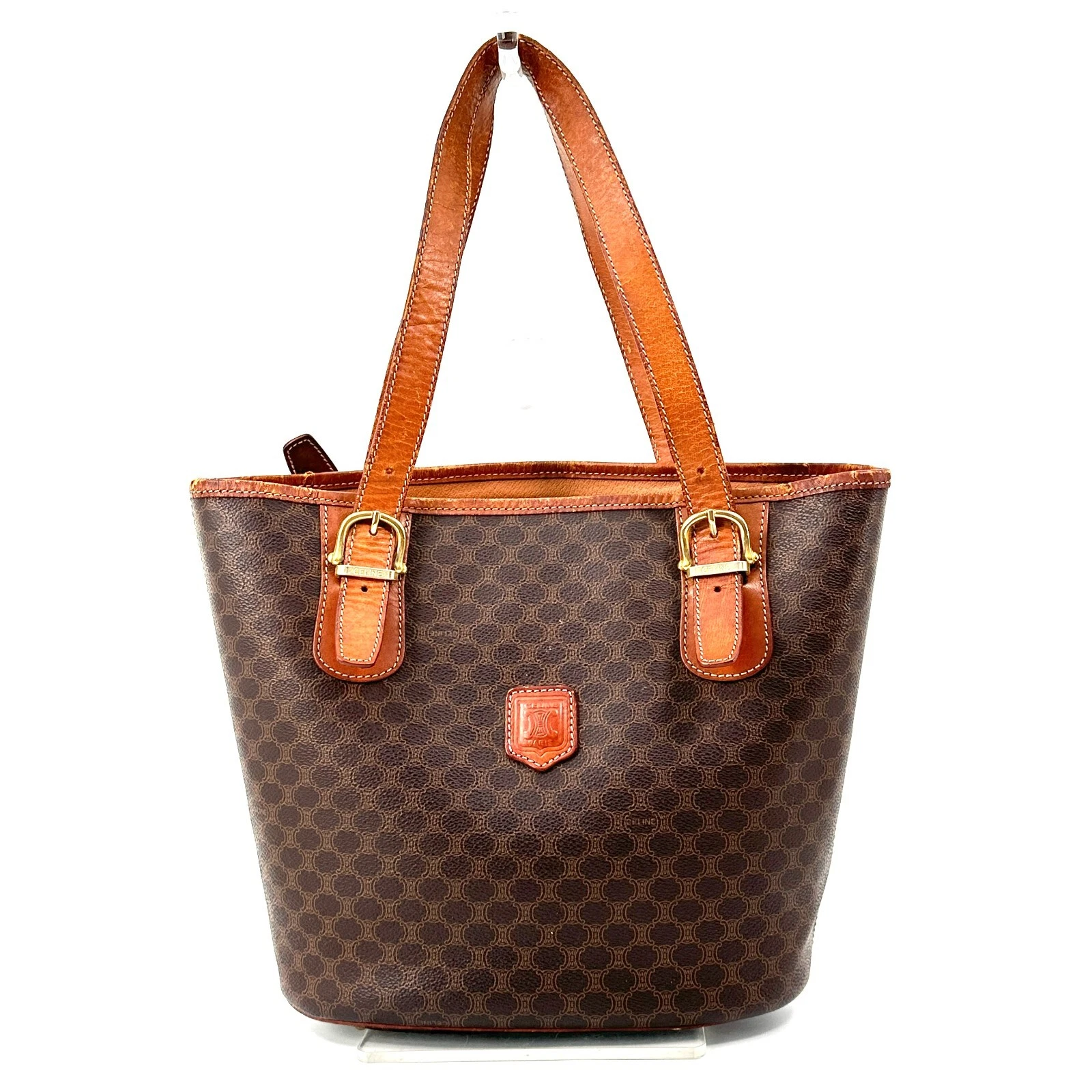 Borsa a tracolla CELINE Macadam tela PVC bordo pelle marrone MC97 vintage originale