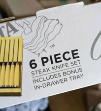 NEW FIESTA SET OF 6 STAINLESS STEEL STEAK KNIVES WITH BONUS WOOD TRAY YELLOW