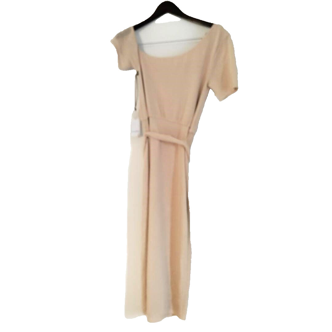 NWT Short Sleeve Beige Belted Button Lined Split Midi Party Wedding Y2K Dress S image 5