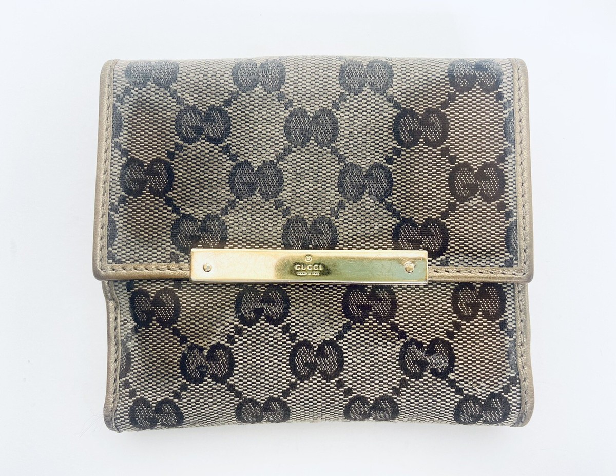グッチ Gucci Monogram Gold Brown Canvas & Leather￼ Bifold Coin Wallet