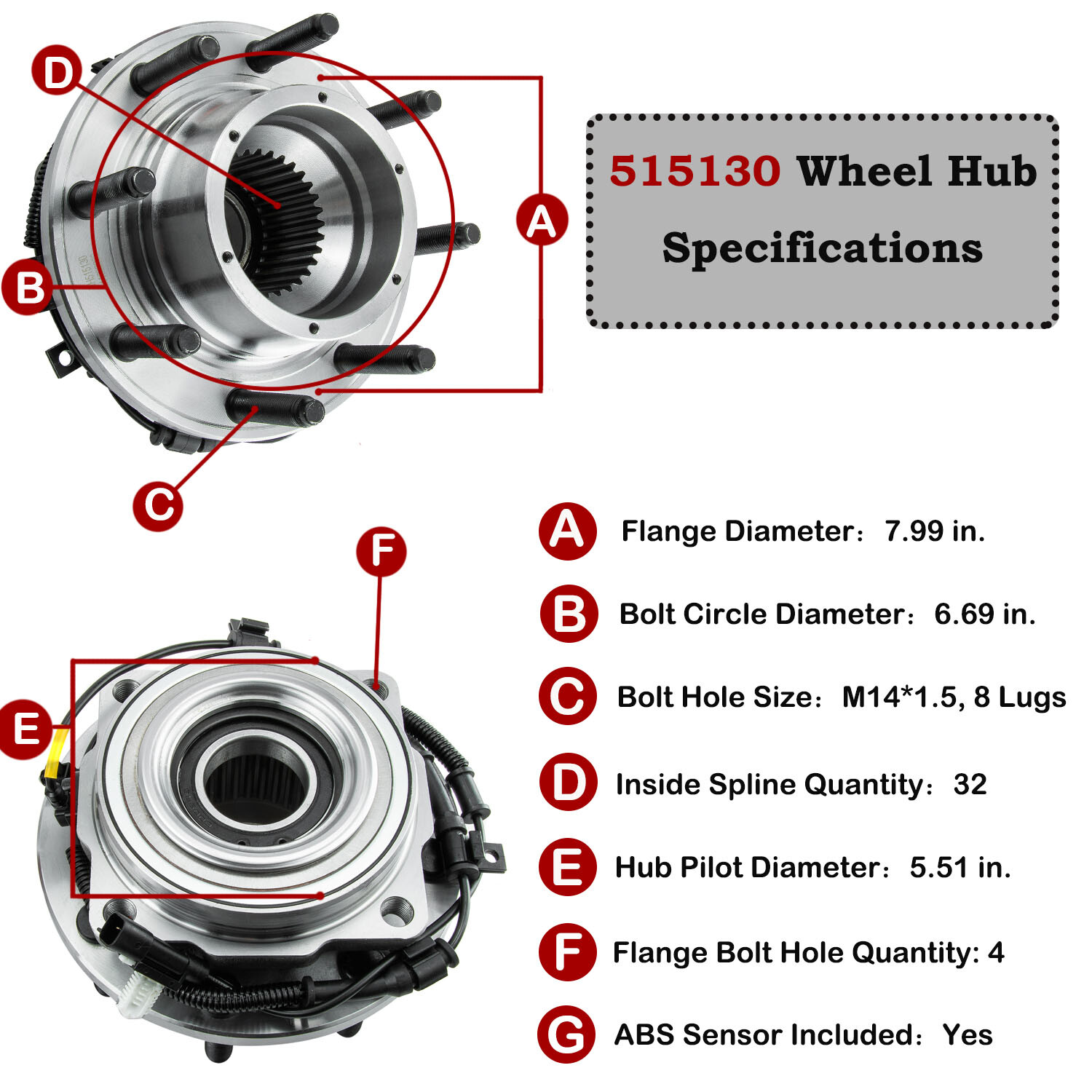 1pc Front Wheel Hub Bearing for 2011-2015 Ford F250 F350 Super Duty 4WD 515130