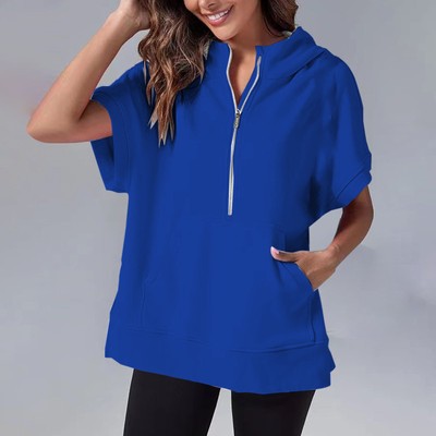 Womens Oversized Half Zip Hoodies Short Sleeve Casual Sweatshirts Pullover Tops