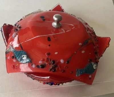 2 Pc Red European Fused Studio Art Glass Millefiori  Fish Trinket Dish 7X2